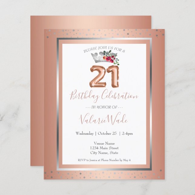 Lámina Elegante Fiesta de cumpleaños 21 Rosa Rubor (Anverso / Reverso)