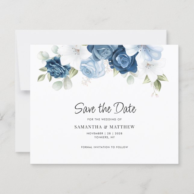 Lámina Elegante Floral Azul QR Boda de código Guardar la  (Anverso)