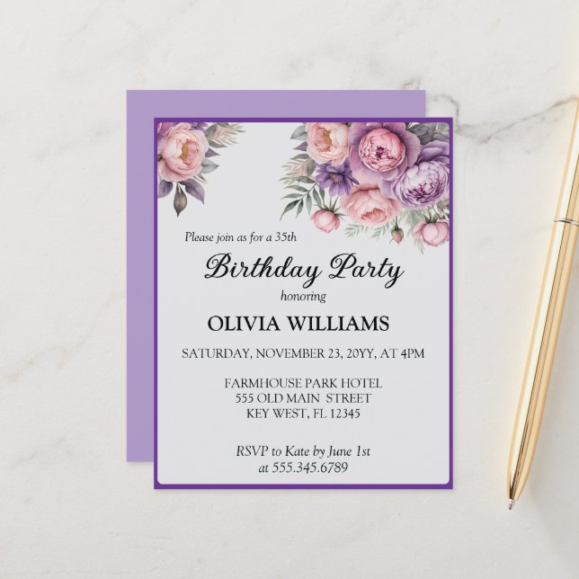 Lámina Elegante floral en una suave invitación de cumplea (Anverso/Reverso In Situ)