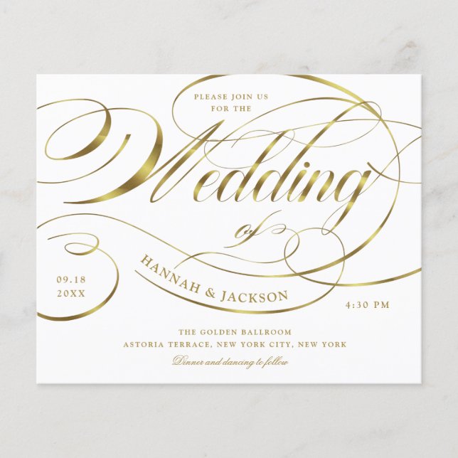 Lámina Elegante Guión dorado Curva Invitación a matrimoni (Anverso)
