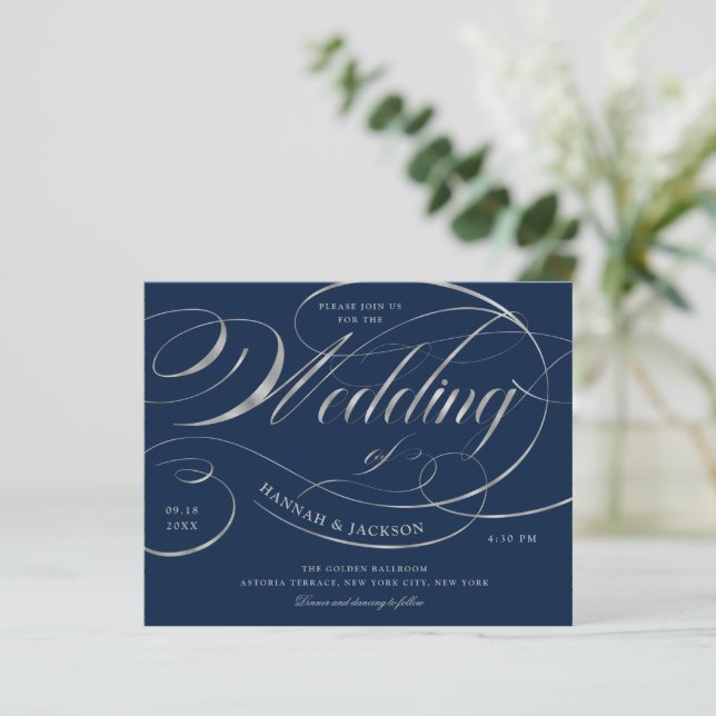 Lámina Elegante guión plateado Invitación a matrimonio pr (Anverso de pie)