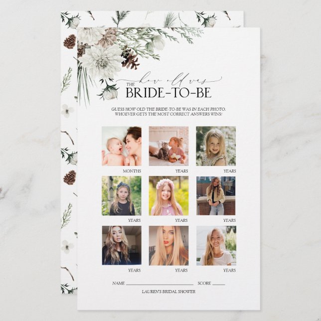 Lámina Elegante guión Winter Floral Bridal Shower Game (Anverso / Reverso)