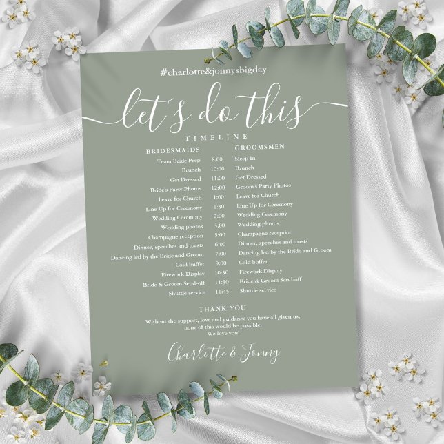 Lámina Elegante horario de boda en verde salvia (Elegant Sage Green Wedding Schedule Timeline)
