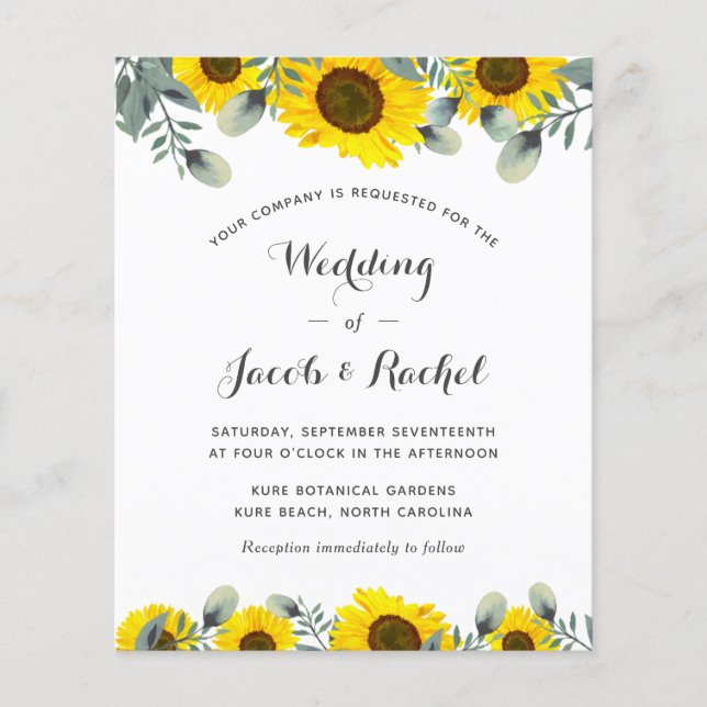 Lámina Elegante Invitación a la Boda de Sunflowers Green (Anverso)