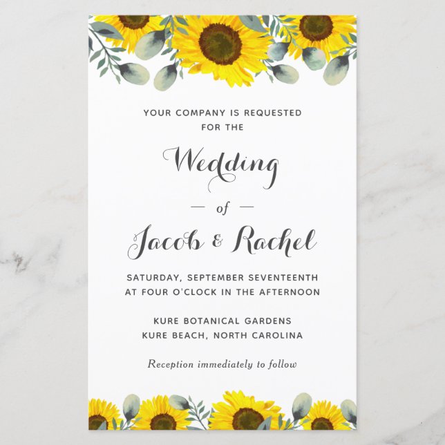 Lámina Elegante Invitación a la Boda de Sunflowers Green (Anverso)