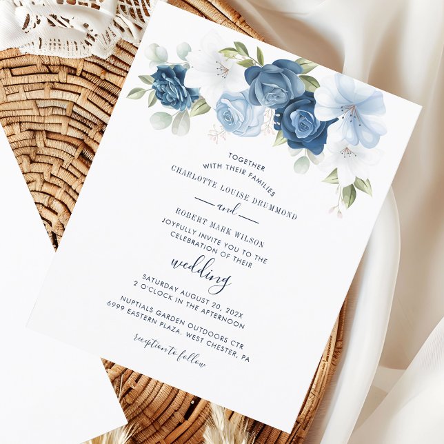 Lámina Elegante invitación a la boda floral azul turquesa (Elegant Dusty Blue Floral Wedding Invitation)