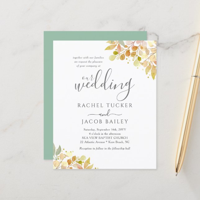 Lámina Elegante Invitación a la Boda Floral de Eucalipto  (Anverso/Reverso In Situ)