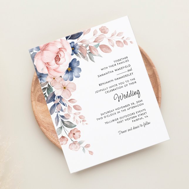 Lámina Elegante invitación a la boda floral rosada (Blush Pink Floral Script Elegant Wedding Budget Invitation)