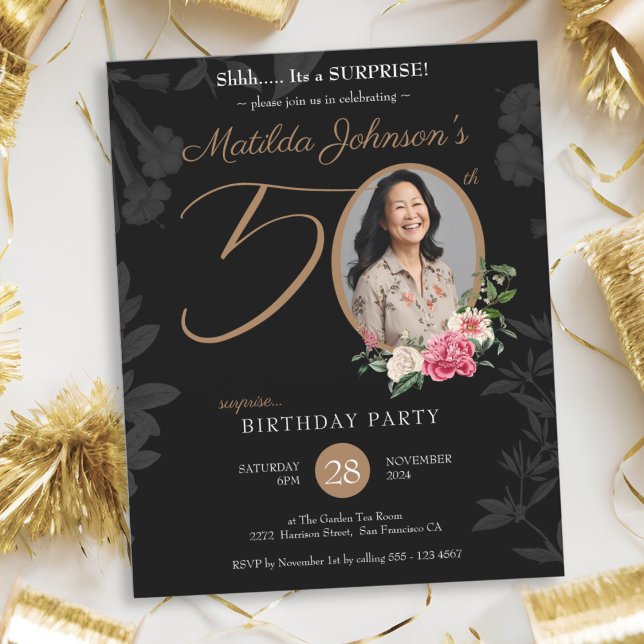 Lámina Elegante invitación a los 50 años por sorpresa neg (Elegant Black Surprise 50th Birthday Invitation)