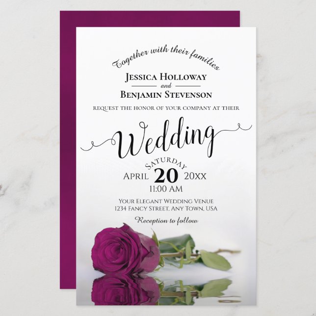 Lámina Elegante invitación a matrimonio con Rosas Magenta (Anverso / Reverso)