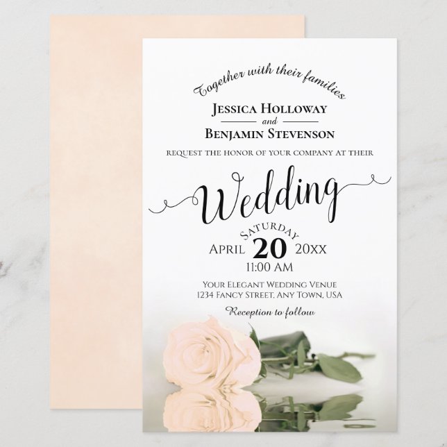 Lámina Elegante invitación a matrimonio Rosa de marfil (Anverso / Reverso)