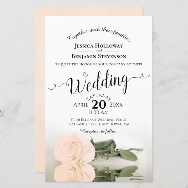 Lámina Elegante invitación a matrimonio Rosa de marfil (Anverso / Reverso)