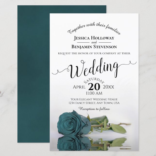 Lámina Elegante invitación a matrimonio Rosa Verde azulad (Anverso / Reverso)