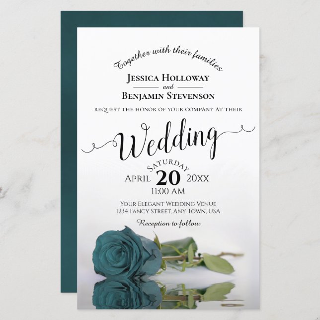 Lámina Elegante invitación a matrimonio Rosa Verde azulad (Anverso / Reverso)