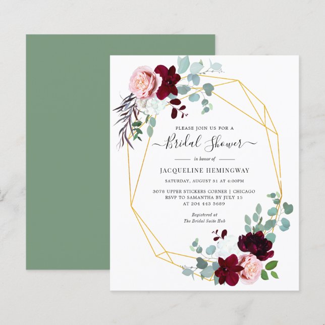 Lámina Elegante Invitación de ducha de novia floral (Anverso / Reverso)