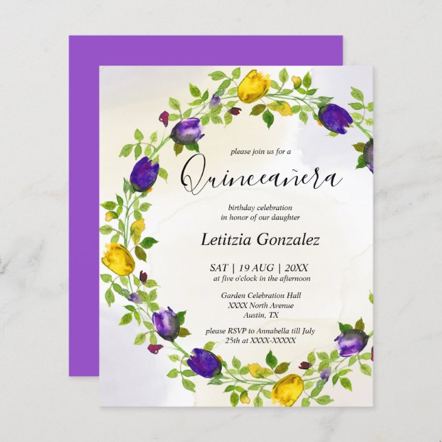 Lámina Elegante Invitación de Quinceañera con Flores Púrp (Anverso / Reverso)
