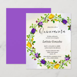 Lámina Elegante Invitación de Quinceañera Floral Púrpura