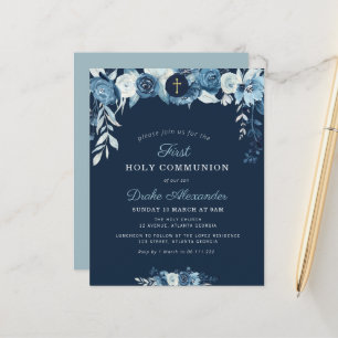 Lámina Elegante invitación floral azul a la primera comun
