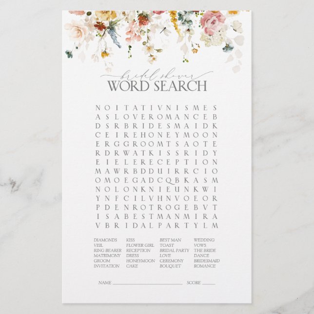 Lámina Elegante Jardín Flores Floral Bridal Shower Juego (Anverso)