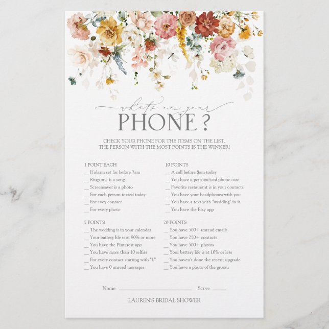 Lámina Elegante Jardín Flores Floral Bridal Shower Juego (Anverso)