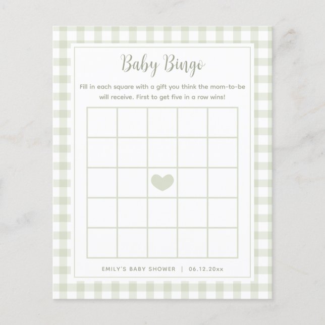 Lámina Elegante juego de bingo Sage Green Gingham Baby Sh (Anverso)