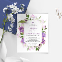 Elegante Lilac Morado Flores Bautista Invitación
