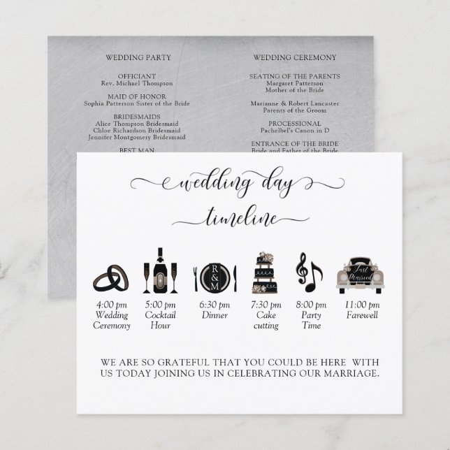 Lámina Elegante línea de tiempo de Boda negro y plateado, (Anverso / Reverso)