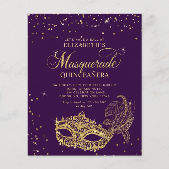 Lámina Elegante Máscara de Purpura Dorado para Quinceañer (Anverso)