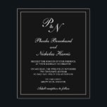 Lámina Elegante Monograma Invitación a la Boda de Presupu<br><div class="desc">Invitación a bodas de estilo tradicional con un diseño sencillo y clásico, con su monograma inicial y sus nombres en una caligrafía elegante dentro de un borde delgado. Todos los elementos de diseño están en blanco sobre un fondo negro y pueden cambiarse en la herramienta de edición de diseño. Este...</div>