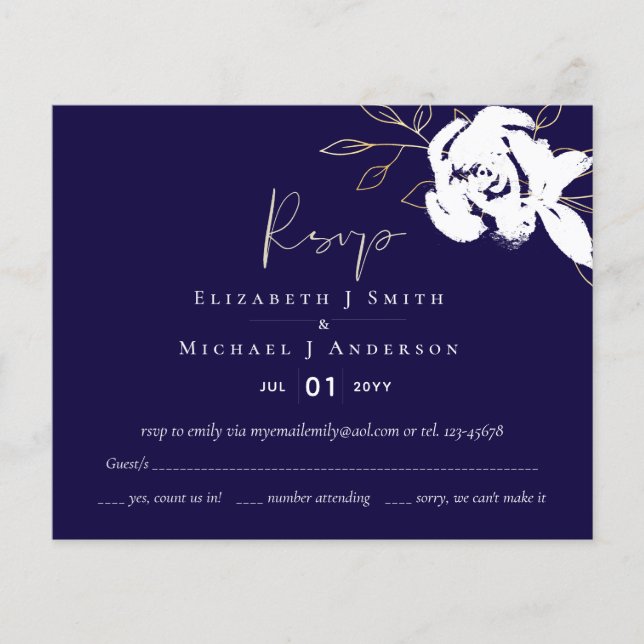 Lámina Elegante Navy Blue White Gold Wedding RSVP (Anverso)