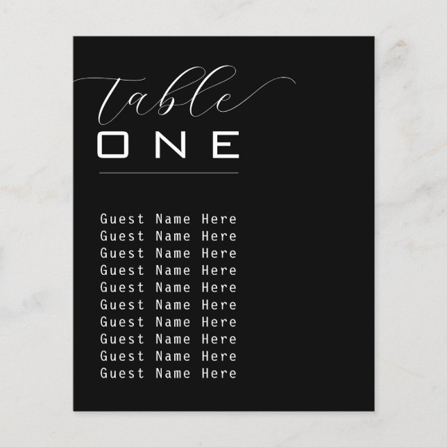 Lámina Elegante Número de Tabla Nombres Blanco Negro Mini (Anverso)