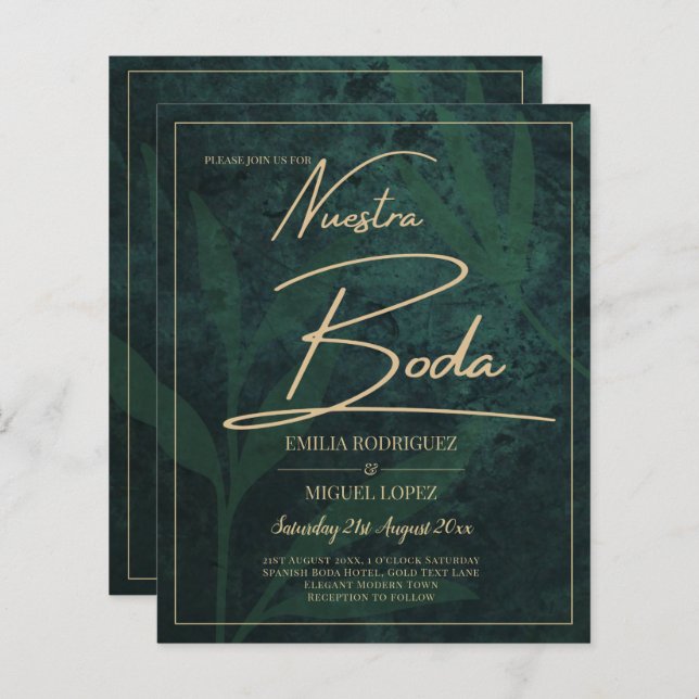 Lámina Elegante Oro Verde Español BODA Código QR RSVP (Anverso / Reverso)