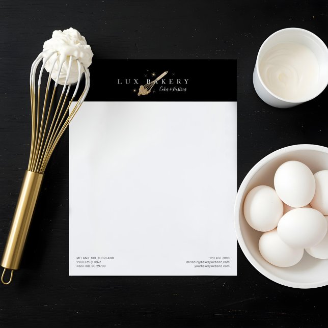Lámina Elegante panadería Purpurina de oro Cabletero Whis (Elegant Gold Glitter Bakery Whisk Letterhead)