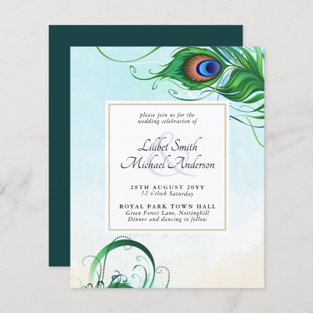 Lámina Elegante PEACOCK FEATHER Wedding Invitar PRESUPUES (Anverso / Reverso)