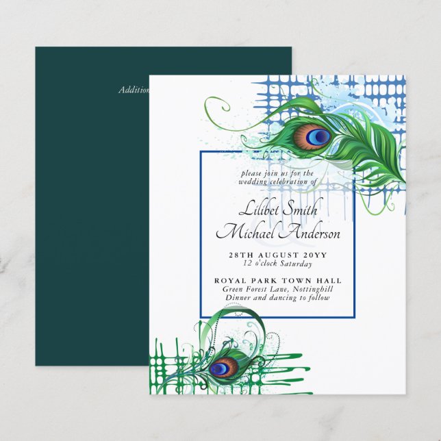 Lámina Elegante PEACOCK FEATHER Wedding Invitar PRESUPUES (Anverso / Reverso)