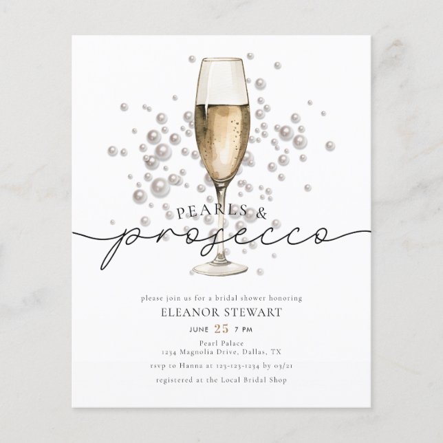 Lámina Elegante Pearls Prosecco Invitación a la ducha de  (Anverso)