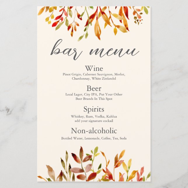 Lámina Elegante Personalizado Boda otoño Fall Leaves Bar  (Anverso)