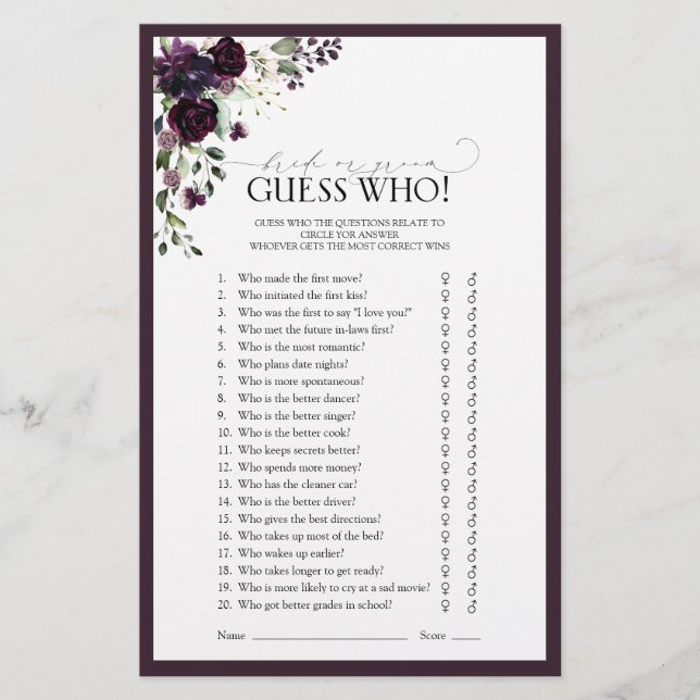 Lámina Elegante Plum Purple Floral Bridal Shower Game (Anverso)
