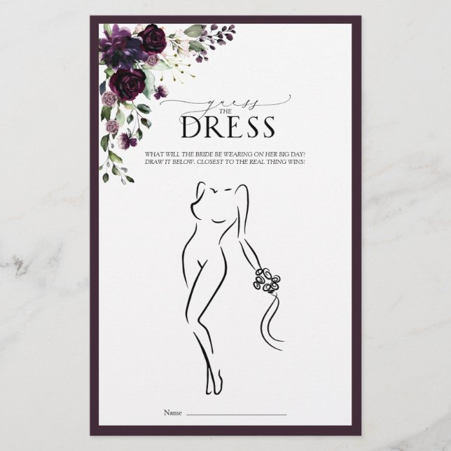 Lámina Elegante Plum Purple Floral Bridal Shower Game (Anverso)