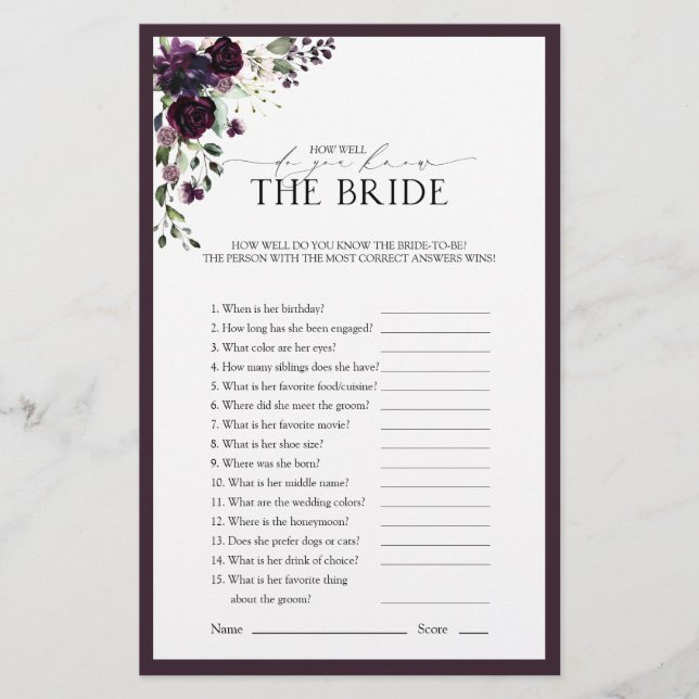 Lámina Elegante Plum Purple Floral Bridal Shower Game (Anverso)