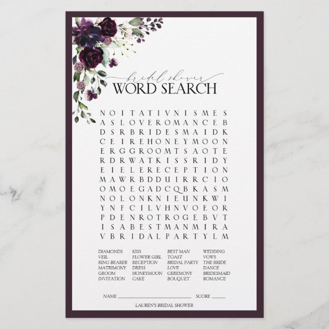 Lámina Elegante Plum Purple Floral Bridal Shower Game (Anverso)