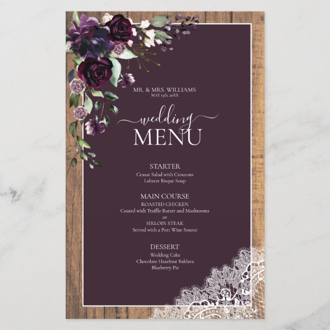 Lámina Elegante Plum Purple Rustic Wood Script Boda (Anverso)