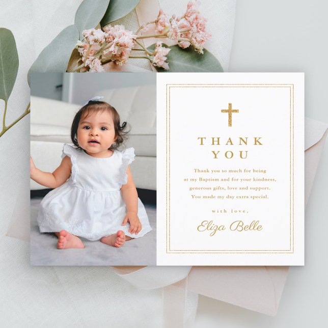 Lámina Elegante presupuesto cruzado de oro foto bautismo  (Simple budget photo baptism thank you card with gold cross.)