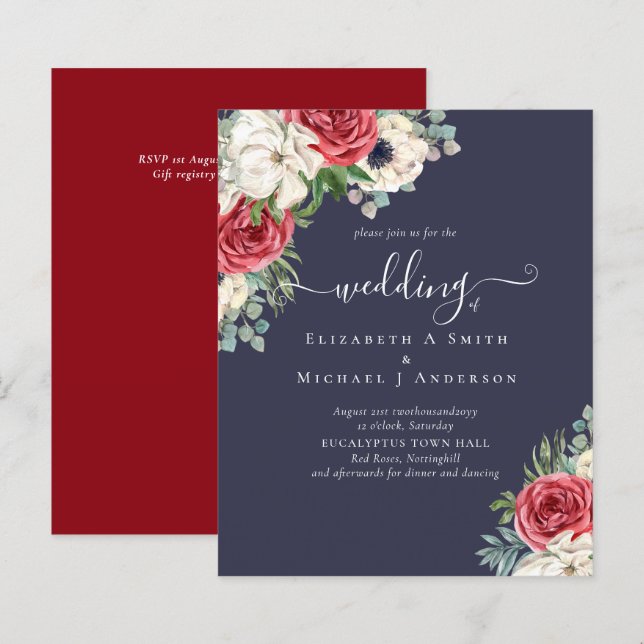 Lámina Elegante presupuesto de Boda floral azul blanco ro (Anverso / Reverso)