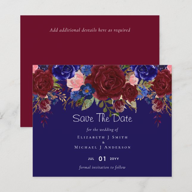 Lámina Elegante presupuesto de Boda floral azul borgoñés (Anverso / Reverso)