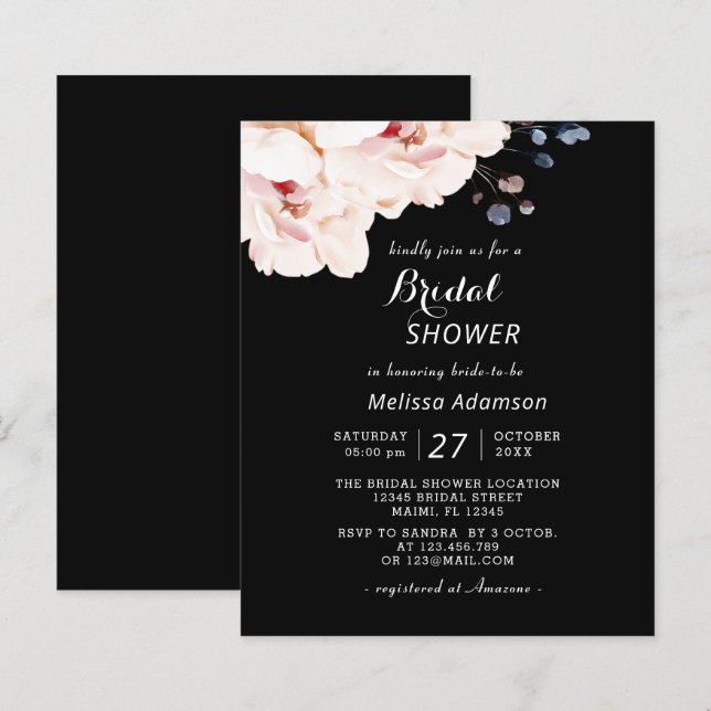 Lámina Elegante presupuesto negro, ducha de novia floral  (Anverso / Reverso)