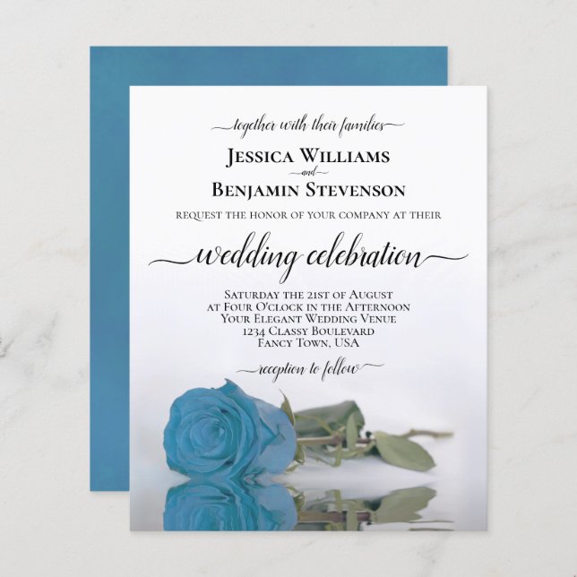 Lámina Elegante Rosa azul turquesa Invitación a la boda (Anverso / Reverso)