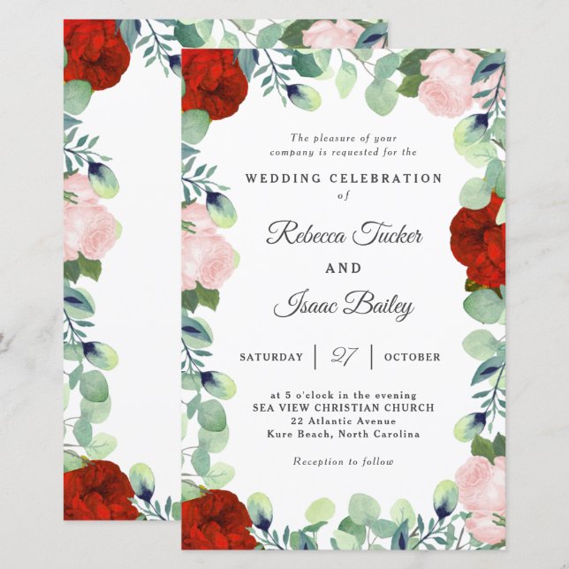Lámina Elegante Rosa de Rubor rojo verde invitación a la  (Anverso / Reverso)