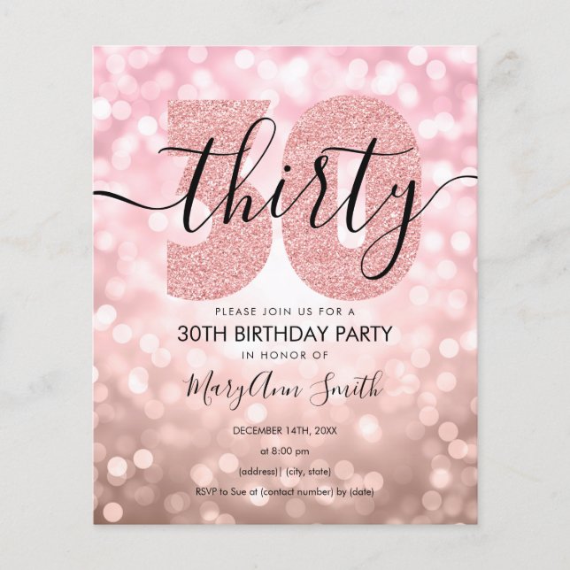 Lámina Elegante Rosa Oro 30 cumpleaños Fiesta Invite (Anverso)