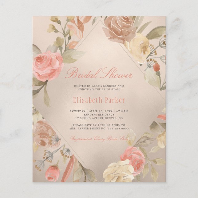 Lámina Elegante rosa PRESUPUESTO invitación a la ducha de (Anverso)